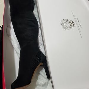 Black suede over knee boots